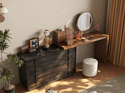 Modern Dressing Table With Round Mirror Drawers Wooden Top And White Stool With Photo Frames 3d model