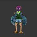 Colorful Cartoon Bird Character With Purple Head Blue Wings Green Scarf And Black Top