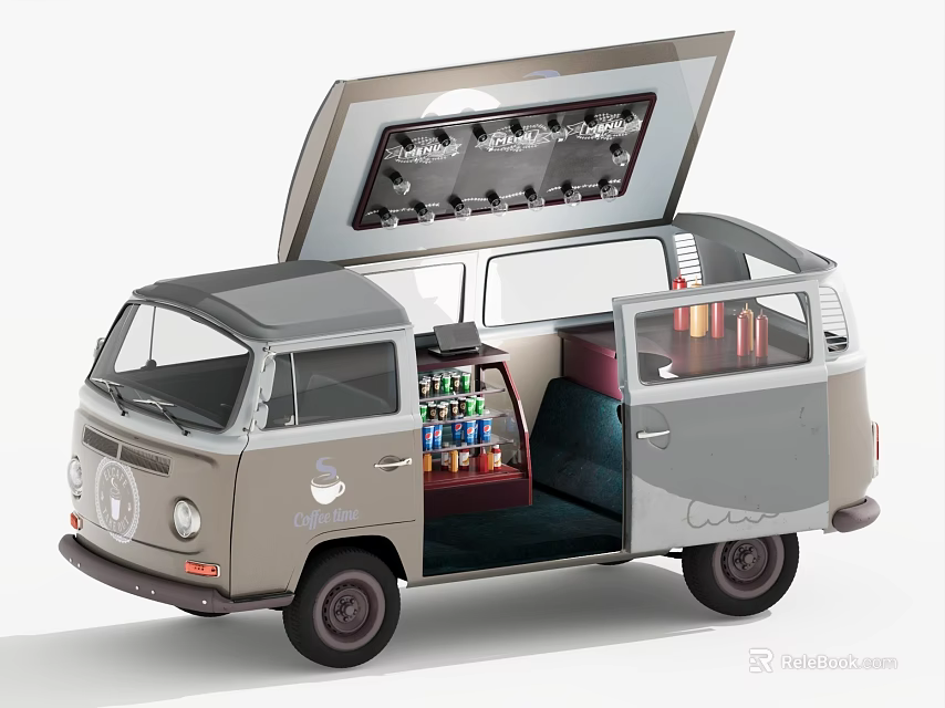 Vintage Retro Style Van with Open Roof and Mobile Bar Interior Drinks Storage 3d model 