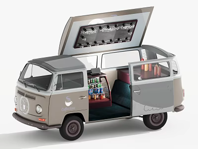 Vintage Retro Style Van with Open Roof and Mobile Bar Interior Drinks Storage 3d model