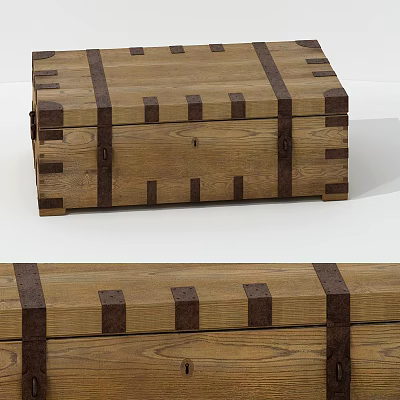 Vintage Wooden Trunk With Brown Decorative Straps And Metal Clasps Storage Design 3d model
