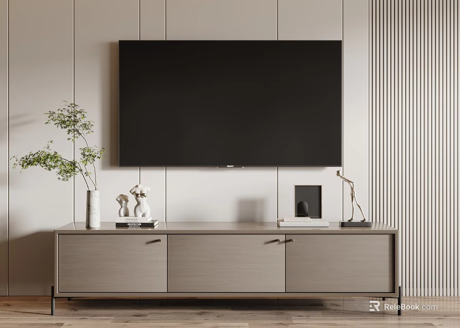 Modern Gray TV Stand with Large Screen TV White Vase Plant Lamp and Decorations 3d model 