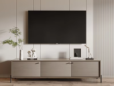 Modern Gray TV Stand with Large Screen TV White Vase Plant Lamp and Decorations 3d model