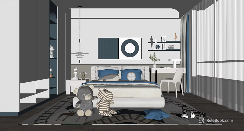 Kids Bedroom Interior With Bed Plush Toys Decorative Wall Art Desk And Chair 3d model 