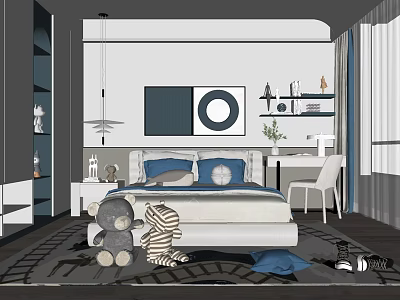 Kids Bedroom Interior With Bed Plush Toys Decorative Wall Art Desk And Chair 3d model