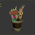 Cartoon Style Flower Pot With TACO TIME Sign Yellow Flowers And Sausage Decorations