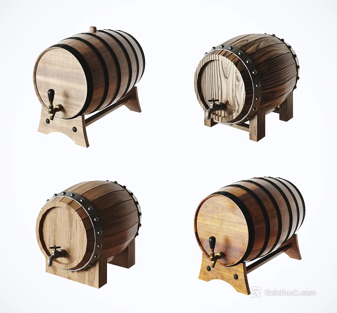 Wooden Barrel With Metal Hoops Faucet And Stand For Household Decor 3d model 
