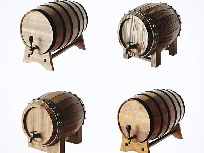 Wooden Barrel With Metal Hoops Faucet And Stand For Household Decor 3d model