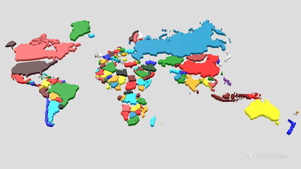Colorful 3D World Map With Various Colored Countries And Detailed Continents 3d model 