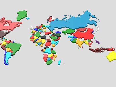 Colorful 3D World Map With Various Colored Countries And Detailed Continents 3d model