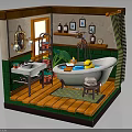 Cozy Bathroom Interior With Green Walls White Bathtub Rubber Duck Sink Mirror And Wooden Floor
