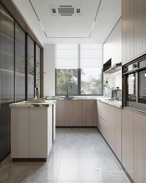 Modern Kitchen Interior Design With Wooden Cabinets Marble Countertops And Appliances 3d model 