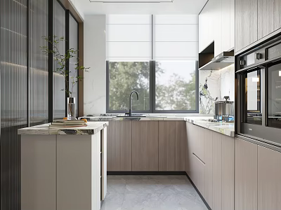 Modern Kitchen Interior Design With Wooden Cabinets Marble Countertops And Appliances 3d model