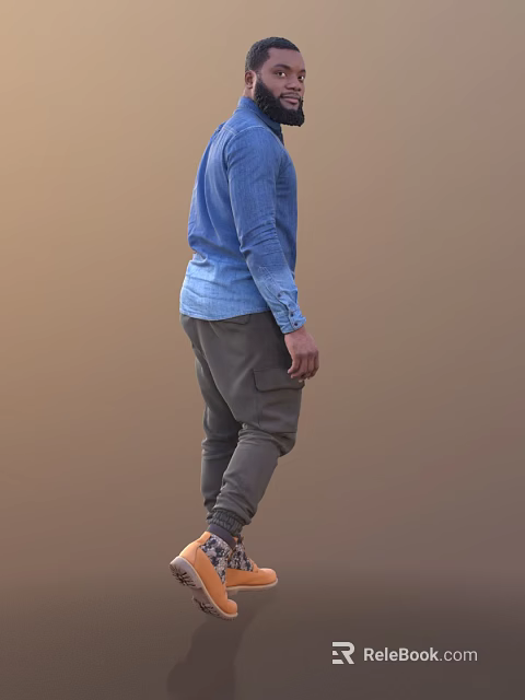 Man In Blue Shirt And Gray Pants Standing Sideways On Brown Background 3d model 