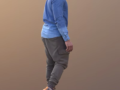Man In Blue Shirt And Gray Pants Standing Sideways On Brown Background 3d model