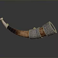 Handcrafted Wooden Drinking Horn With Silver Decorative Bands And Intricate Patterns