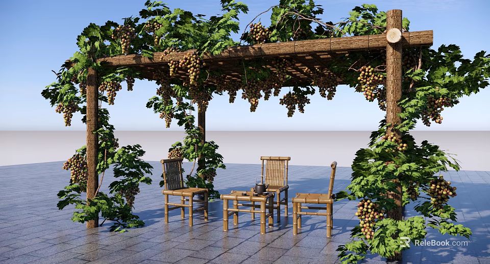 Pergola with Green Vines and Grapes Over Wooden Chairs and Table in Outdoor Patio 3d model 