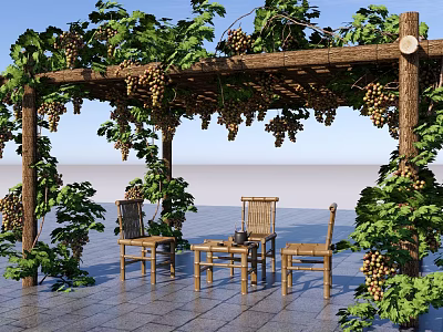 Pergola with Green Vines and Grapes Over Wooden Chairs and Table in Outdoor Patio 3d model