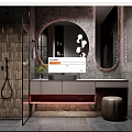 Modern Bathroom Interior With Round Mirror Vanity Shower Area And Stone Wall Design