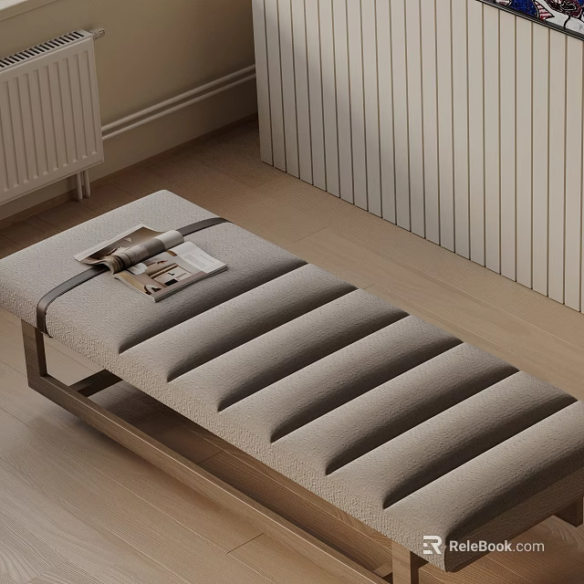 Light Gray Striped Sofa Bench With Wooden Frame And Magazine On Top 3d model 
