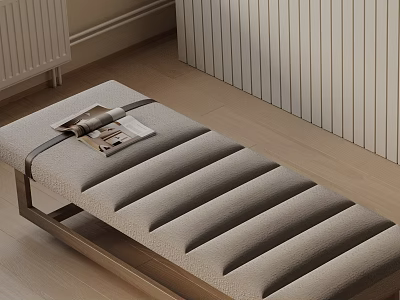 Light Gray Striped Sofa Bench With Wooden Frame And Magazine On Top 3d model