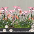 Charming Outdoor Garden Landscape With Pink Flowers Rabbit Ornament Small Lights And Lush Greenery