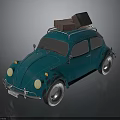 Vintage Green Beetle Car With Brown Suitcases On The Roof