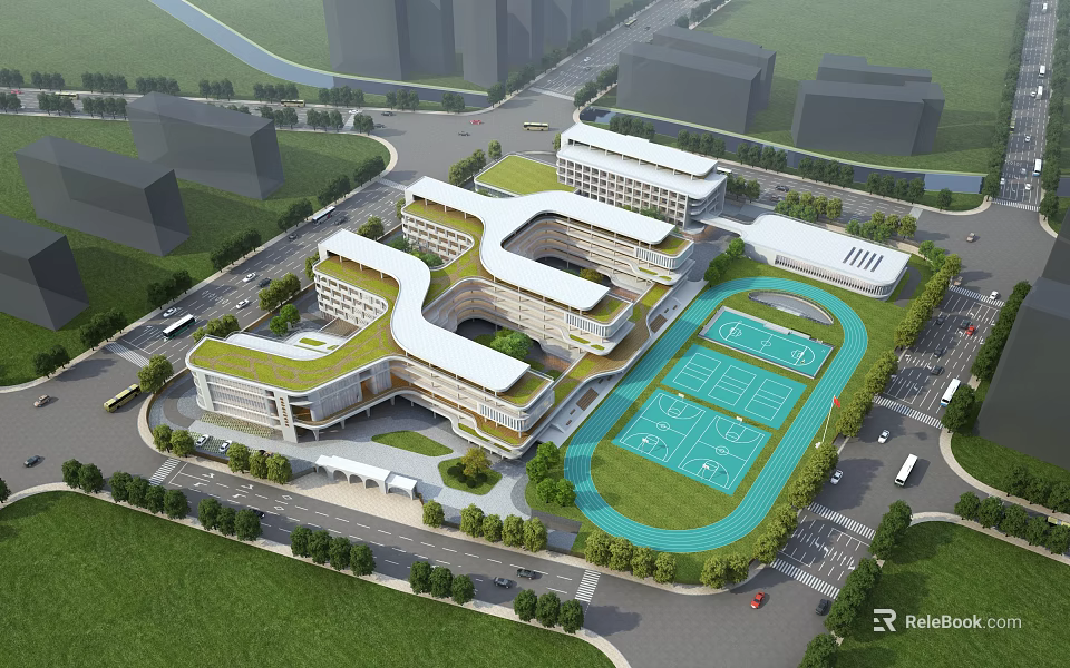 Modern School Building With Interconnected Structures Green Roof Landscaped Areas And Tennis Courts 3d model 