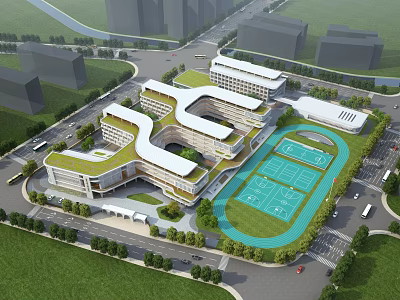 Modern School Building With Interconnected Structures Green Roof Landscaped Areas And Tennis Courts 3d model