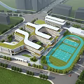 Modern School Building With Interconnected Structures Green Roof Landscaped Areas And Tennis Courts