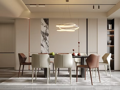 Elegant Modern Restaurant Interior With Dining Table Pendant Light Chairs And Marble Wall 3d model