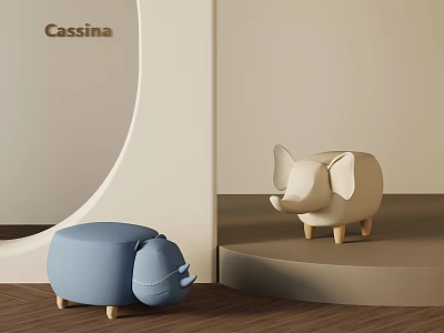 Adorable Animal Shaped Kids Chair Featuring Blue Hippo and Beige Elephant with Wooden Legs 3d model