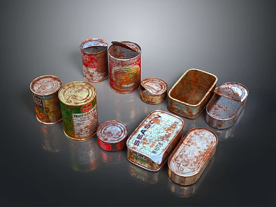 Rusty Food Cans In Various Shapes And Sizes With Metal Containers 3d model