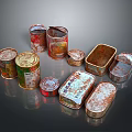 Rusty Food Cans In Various Shapes And Sizes With Metal Containers