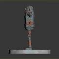 Metallic Robot Figure With Red Silver Accents On Yellow Glowing Circular Base