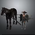 Warrior with Bamboo Hat Holding Long Sword and Brown Horse with Saddle