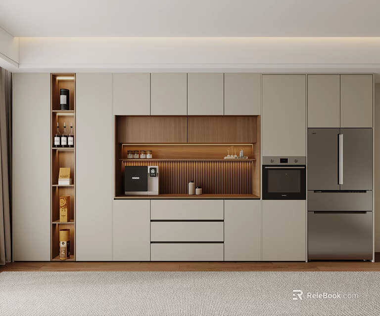 Modern Kitchen Sideboard Design With Wooden Storage And Integrated Appliances Elements 3d model 