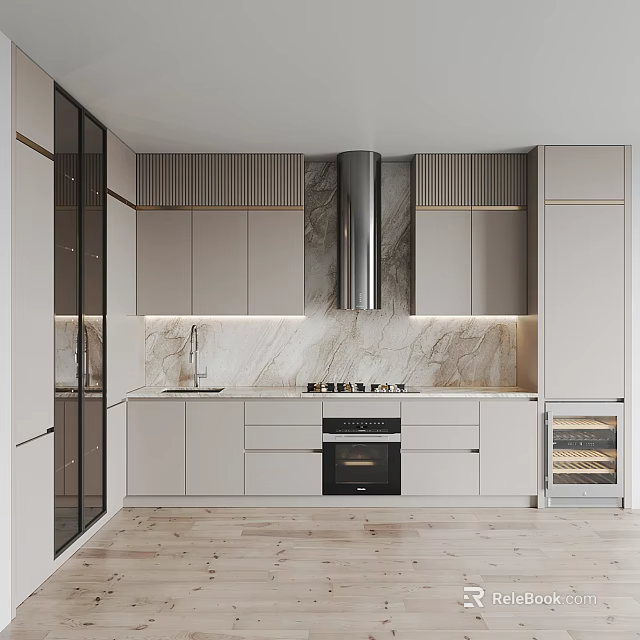 Modern Kitchen Interior With Light Gray Cabinets Marble Countertops And Stainless Steel Range Hood 3d model 