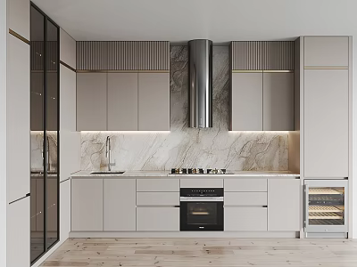 Modern Kitchen Interior With Light Gray Cabinets Marble Countertops And Stainless Steel Range Hood 3d model