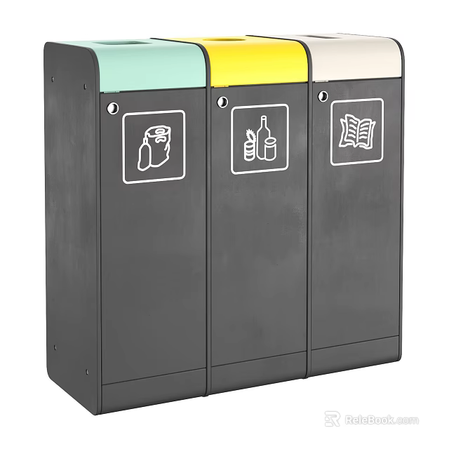 Public Facility Triple Compartment Recycling Bins With Color Coded Lids And Sorting Icons 3d model 
