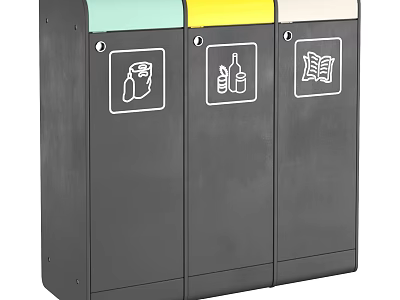 Public Facility Triple Compartment Recycling Bins With Color Coded Lids And Sorting Icons 3d model