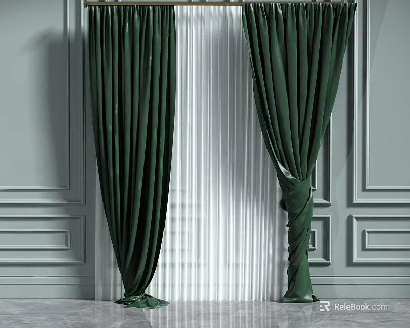 Dark Green Curtains With White Sheer Panels Against Gray Wall Decorative Moldings 3d model 