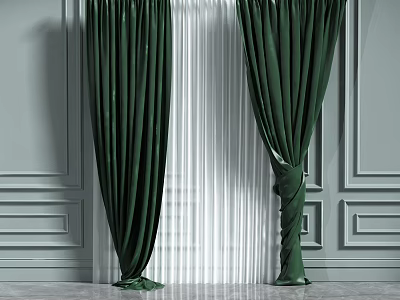Dark Green Curtains With White Sheer Panels Against Gray Wall Decorative Moldings 3d model