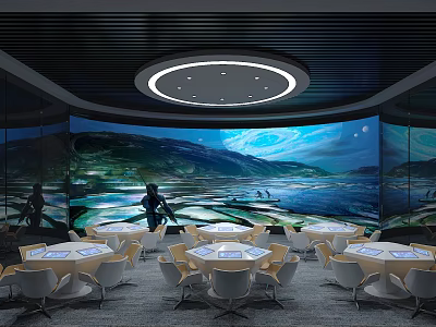 Modern Restaurant Interior With Circular Ceiling Light Round Tables White Chairs And Large Landscape Painting 3d model