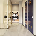 Modern Pet Retail Store in Mall With Shelves Products Blue Counter And Orange Dog Sculpture
