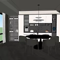 Elegant Modern Restaurant Interior With Round Dining Table Gray Chairs Hanging Light And Wine Cabinet