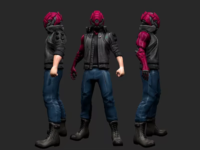 Game Movie Character With Red Helmet Black Jacket Blue Pants And Multiple Angles 3d model