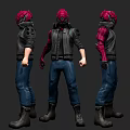 Game Movie Character With Red Helmet Black Jacket Blue Pants And Multiple Angles