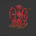 Red Manual Kitchen Grinder Appliance with Wooden Base and Decorative Wheel Design
