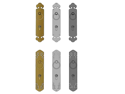 Decorative Door Handles In Gold Silver And Dark Gray With Ornamental Designs 3d model